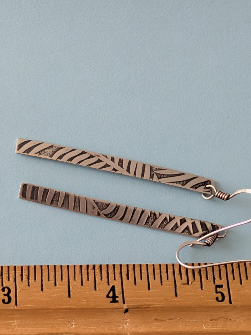 Long Slender Rectangular Patterned 925 Dangle Earrings - Picture 2 of 3